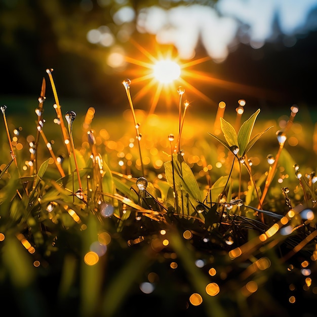 Foto sonnenbeleuchtetes feld von frischem grünem gras mit taustropfen in nahaufnahme ein wunderbares künstlerisches bild der reinheit und frische der natur generative ki