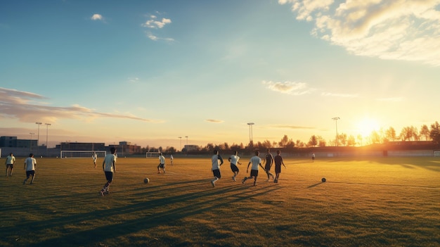 Sonnenbeleuchtetes Fußballfeld in der Dämmerung