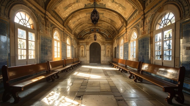 Sonnenbeleuchtetes historisches Interieur mit gewölbten Decken und Fliesenwänden in einem majestätischen alten Gebäude