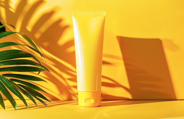 Sonnenbelichtete gelbe Röhre mit Kosmetikcreme in der Nähe des Palmfrondschattens