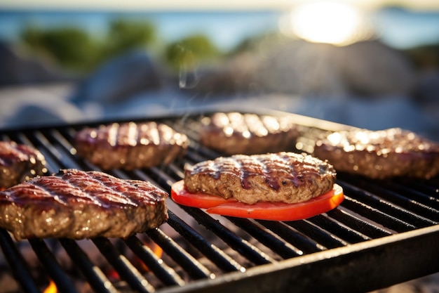 Sonnenbeschienene, saftige Burger-Patties, die auf einem Strandgrill zubereitet werden