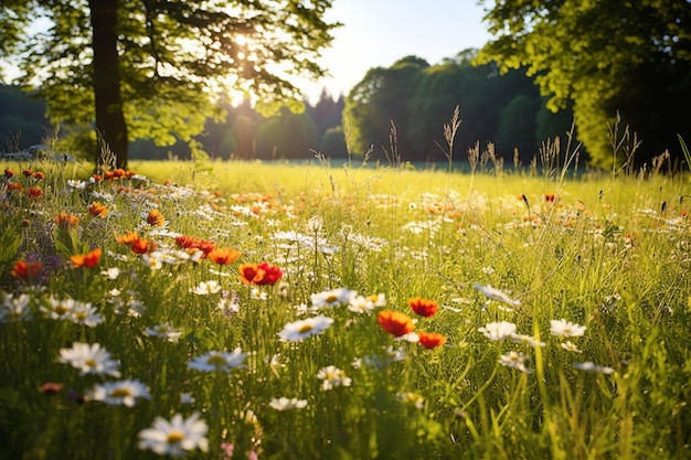 Sonnenbeschienene Wiese mit Wildblumen bedeckt