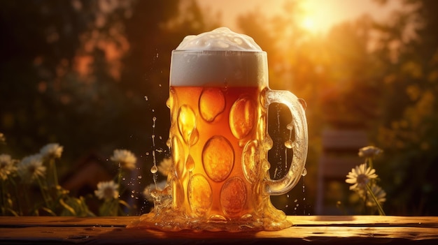 Sonnenbeschienener Krug Bier voller Schaum Generative KI