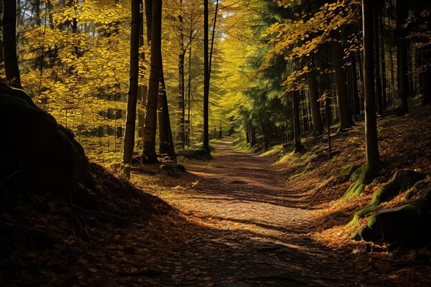 Sonnenbeschienener Weg durch einen farbenfrohen Herbstwald