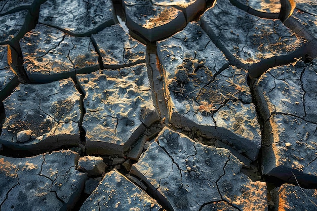 Sonnenbestrahlte gebrochene Erdtextur, die den Klimawandel und die Dürre darstellt