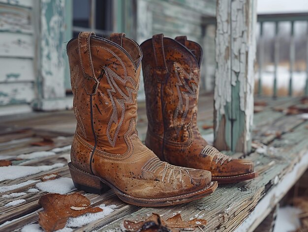 Foto sonnenbleiche cowboy-stiefel ruhen auf einer staubigen veranda. das leder verschwimmt mit dem holz.