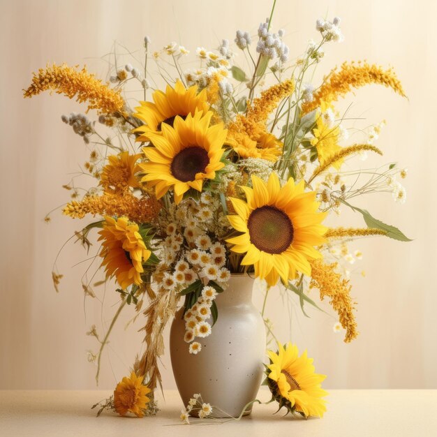 Sonnenblume-Arrangement-Vase mit Solarisationseffekt und Gypsophila-Zweig