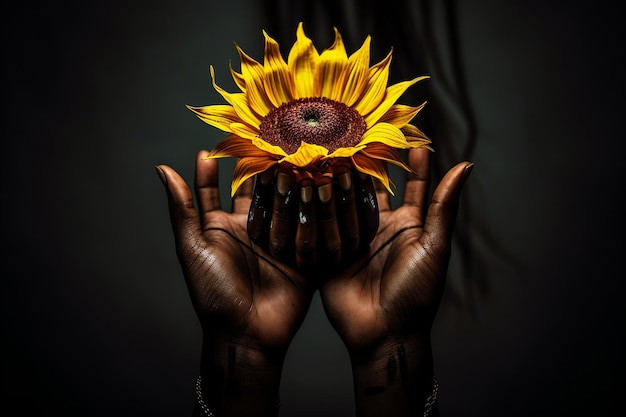 Sonnenblume mit zwei Händen, die sie zu einer Krone machen