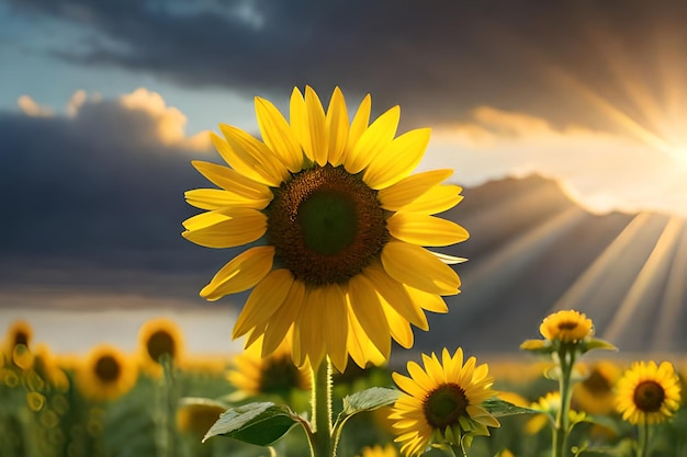 Sonnenblumen auf einem Feld mit der Sonne dahinter