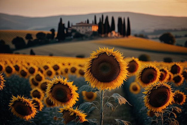 Sonnenblumen auf einem Feld mit einem Haus im Hintergrund