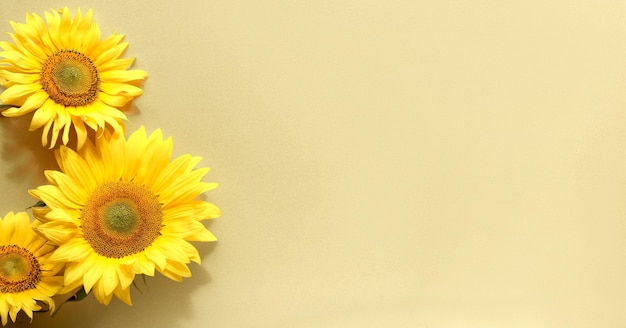 Sonnenblumen auf flachem Panorama-Banner. Beige, gelber Papierhintergrund. Einfaches, minimalistisches monochromes Design mit Blumen. Kopierraum, Platz für Text.