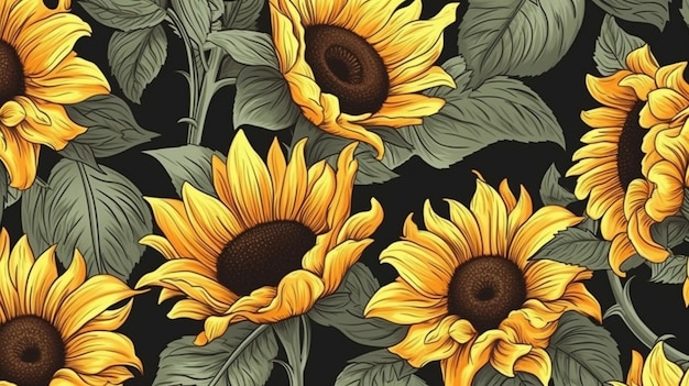 Sonnenblumen auf schwarzem Hintergrund mit Blättern.