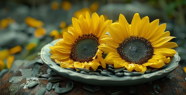 Sonnenblumen in einer Schüssel Ein Teller mit Sonnenblumensamen und Sonnenblüten