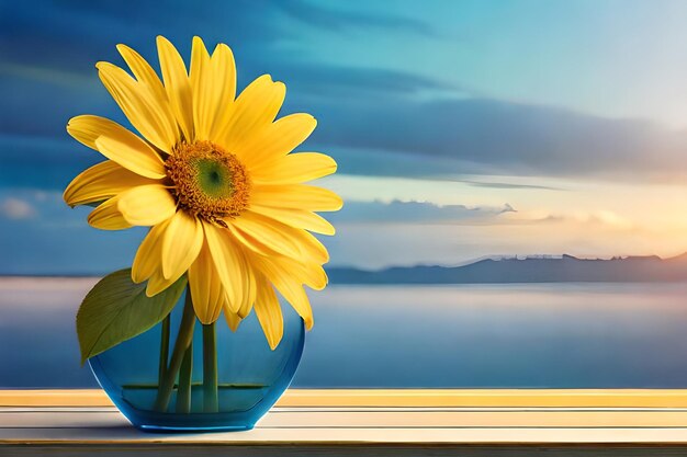 Sonnenblumen in einer Vase mit einem Buch auf dem Hintergrund eines Sonnenuntergangs.