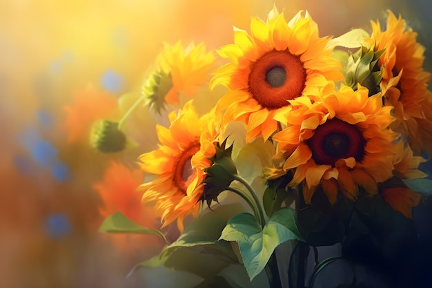 Sonnenblumen in einer Vase mit grünen Blättern