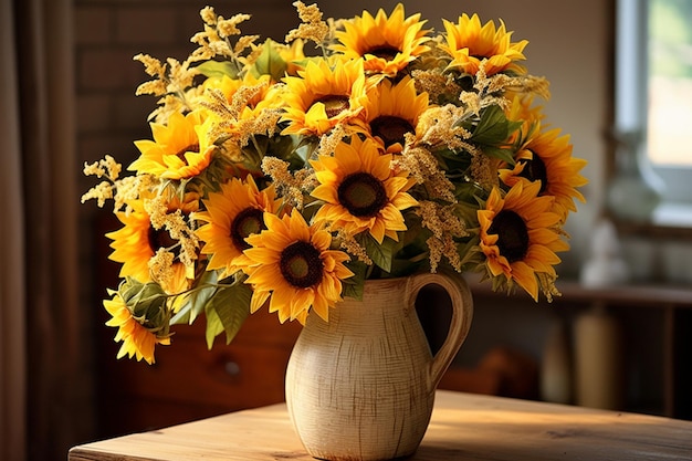 Sonnenblumen mit einer Reihe von Bienenstöcken im Hintergrund