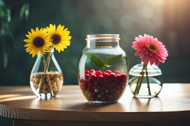 Foto sonnenblumen und beeren in einer vase auf einem tisch