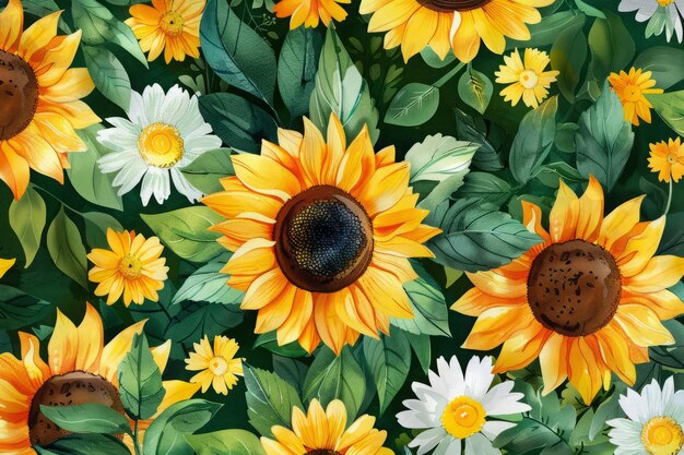 Foto sonnenblumen und gänseblümchen aquarellmuster