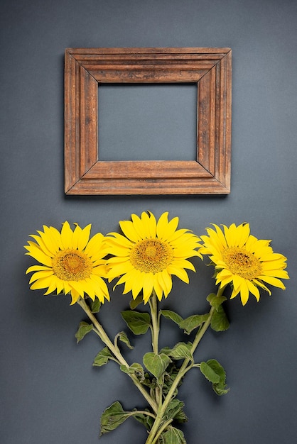 Sonnenblumen- und Holzrahmen auf einem grauen Hintergrund kopieren Raum