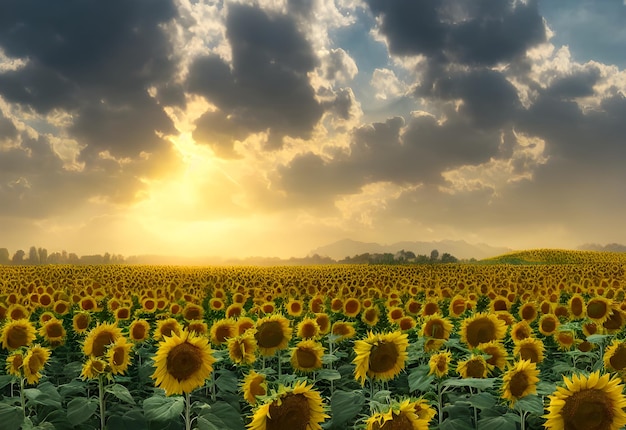 Sonnenblumenfeld bei Sonnenuntergang. schöne Abendansicht. Sonnenaufgang