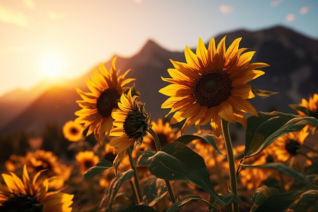 Sonnenblumenfeld mit einem mit Wildblumen bedeckten Hügel