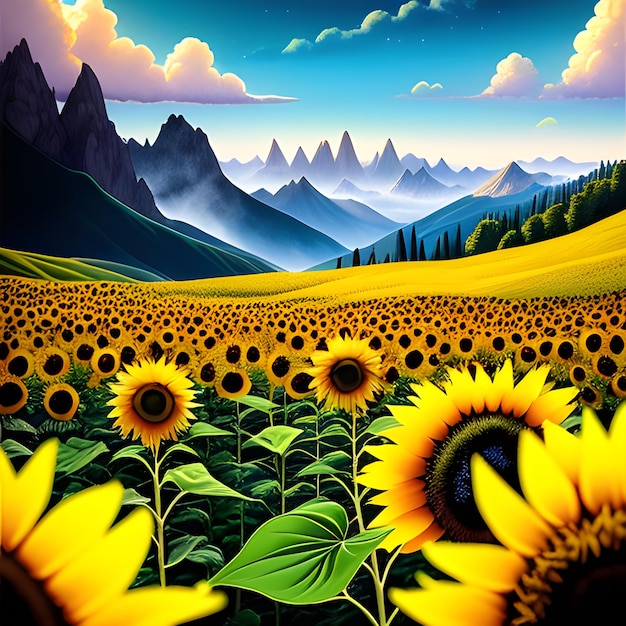 Sonnenblumenfeld mit Wald und Bergen im Hintergrund