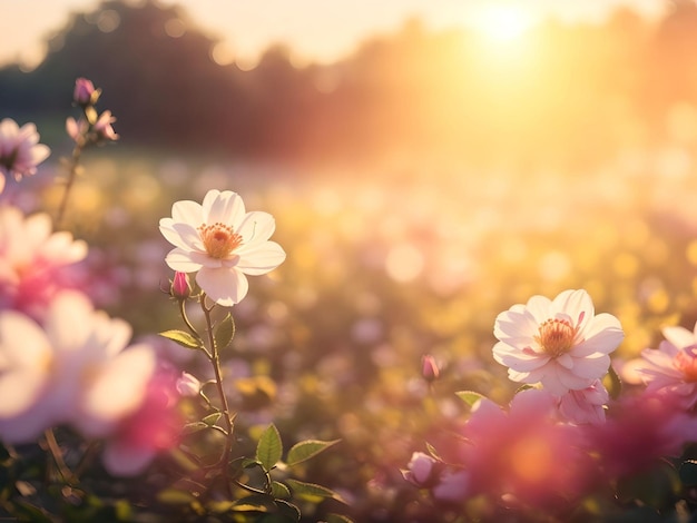 Sonnenblumenfeld über verschwommenem Sonnenuntergang hintergrund KI generiert