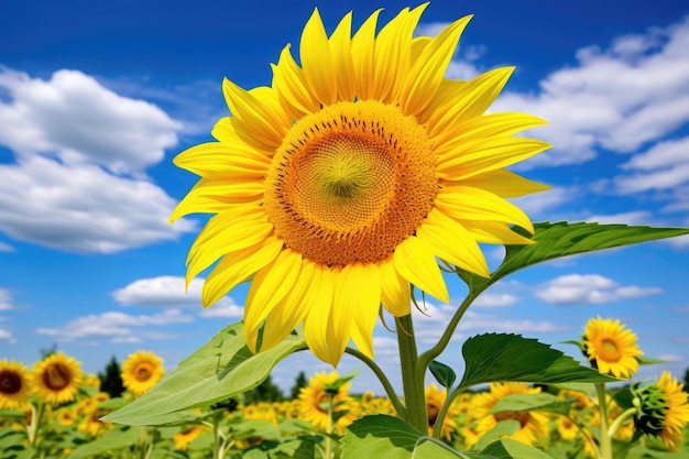 Sonnenblumenfeld und blauer Himmel mit weißen Wolken Schönes Landwirtschaftsfeld mit gelben Blumen ländliche Landschaft Nahaufnahme