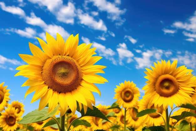 Sonnenblumenfeld und blauer Himmel mit weißen Wolken Schönes Landwirtschaftsfeld mit gelben Blumen ländliche Landschaft Nahaufnahme