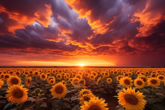 Sonnenblumenfeld und Sonnenuntergang mit bunten Wolken Schönes Ackerland mit gelben Blumen Landschaft im Süden der Ukraine