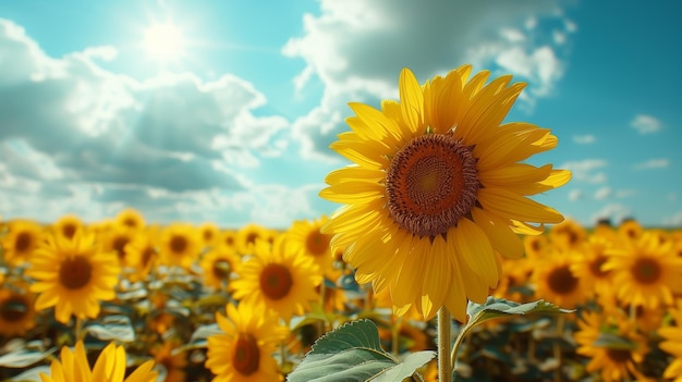 Sonnenblumenfelder und blaue Himmelswolken im Hintergrund Nahaufnahme einer gelben Sonnenblume mit blauem Himmel