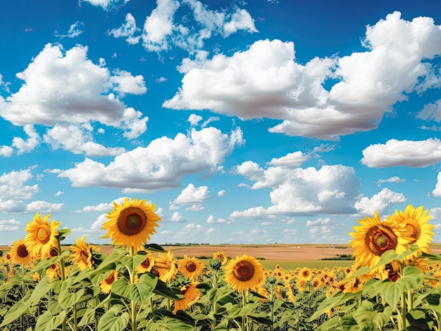 Sonnenblumenfelder und weiße Wolken blauer Himmel