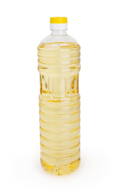 Sonnenblumenöl in Flasche isoliert auf weißem Hintergrund mit Beschneidungspfad