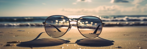 Sonnenbrille an einem Sandstrand in der Nähe des Meeres an einem warmen sonnigen Tag in der Nähe Generative KI