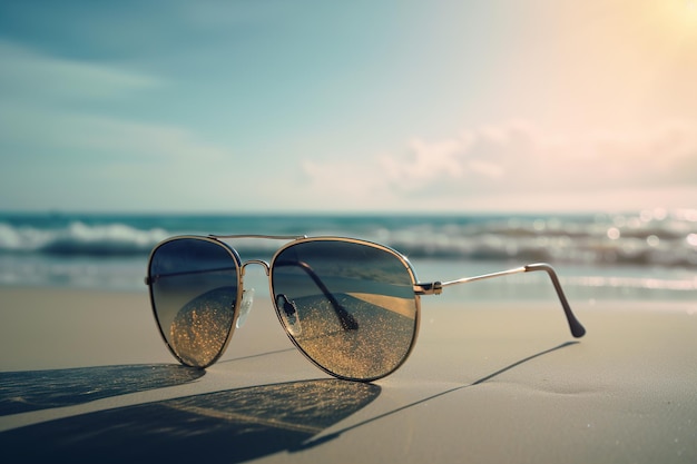 Sonnenbrille an einem Sandstrand in der Nähe des Meeres an einem warmen sonnigen Tag in der Nähe Generative KI
