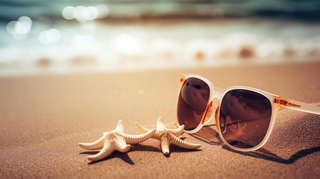 Sonnenbrille an einem Strand, auf den die Sonne scheint