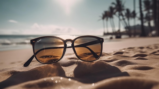 Sonnenbrille an einem Strand mit Palmen im Hintergrund