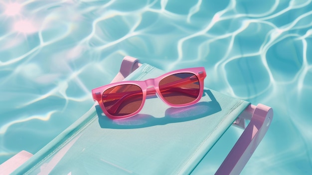 Sonnenbrille auf einem Poolstuhl, isoliert auf einem hellblauen Hintergrund