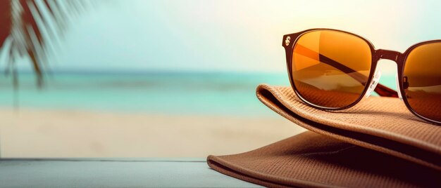 Foto sonnenbrille auf einem tisch mit einem strand im hintergrund