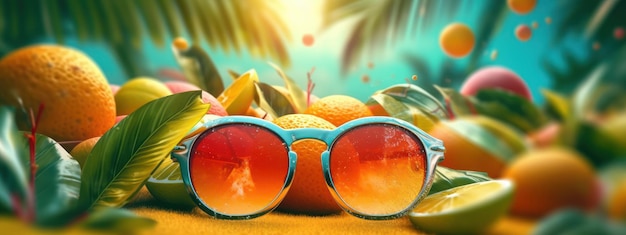 Sonnenbrille mit frischen Früchten Hintergrund Sommer festliches Zeitkonzept Generative KI