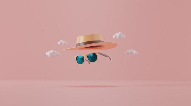 Sonnenbrille mit Hut auf pink. Reisekonzept.