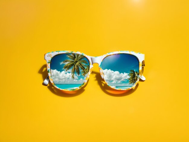 Sonnenbrille mit Naturbild auf gelbem Hintergrund