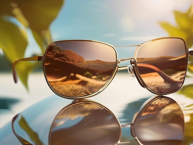 Sonnenbrille reflektiert das Sonnenlicht, die Eleganz der Natur und die kaukasische Ethnie im Sommer