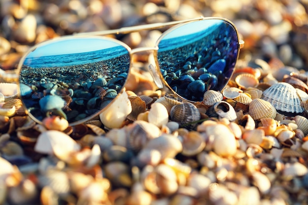 Sonnenbrillen am Strand mit Meeresreflexion