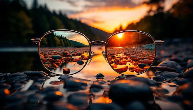 Foto sonnenbrillen spiegeln die schönheit der natur in einem outdoor-abenteuer voller sonnenuntergang wider, das durch künstliche intelligenz generiert wird