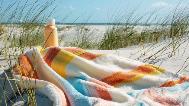 Foto sonnencreme und handtuch am meer essentials für einen tag des spaßes in der sonne aig