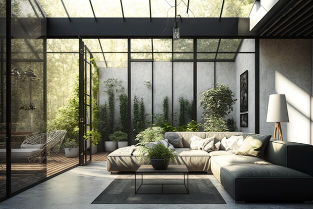 Sonnendurchflutete, moderne Terrasse mit Sofa und Stühlen vor dem Hintergrund hoher Glaswände, die mit Generat erstellt wurden