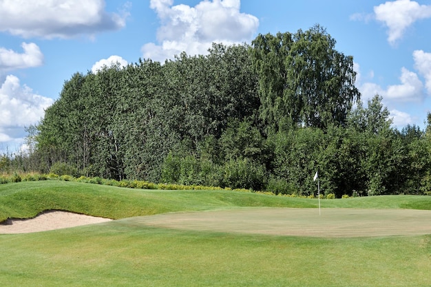 Sonnendurchfluteter Hintergrund des grünen Golfplatzes mit blauem Himmel und ohne Menschen