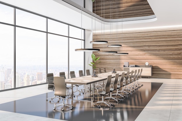 Sonnendurchfluteter, stilvoller, geräumiger Konferenzraum mit modernen runden Lampen über einem riesigen Holztisch, umgeben von beigefarbenen Stühlen, Holzwand, Blick auf die Stadt vom Panoramafenster und glänzendem Boden3D-Rendering