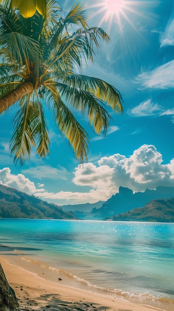 Sonnener Sandstrand und klares blaues Wasser und Palmen Luxusferien Meereslandschaft Paradiesinsel im Ozean